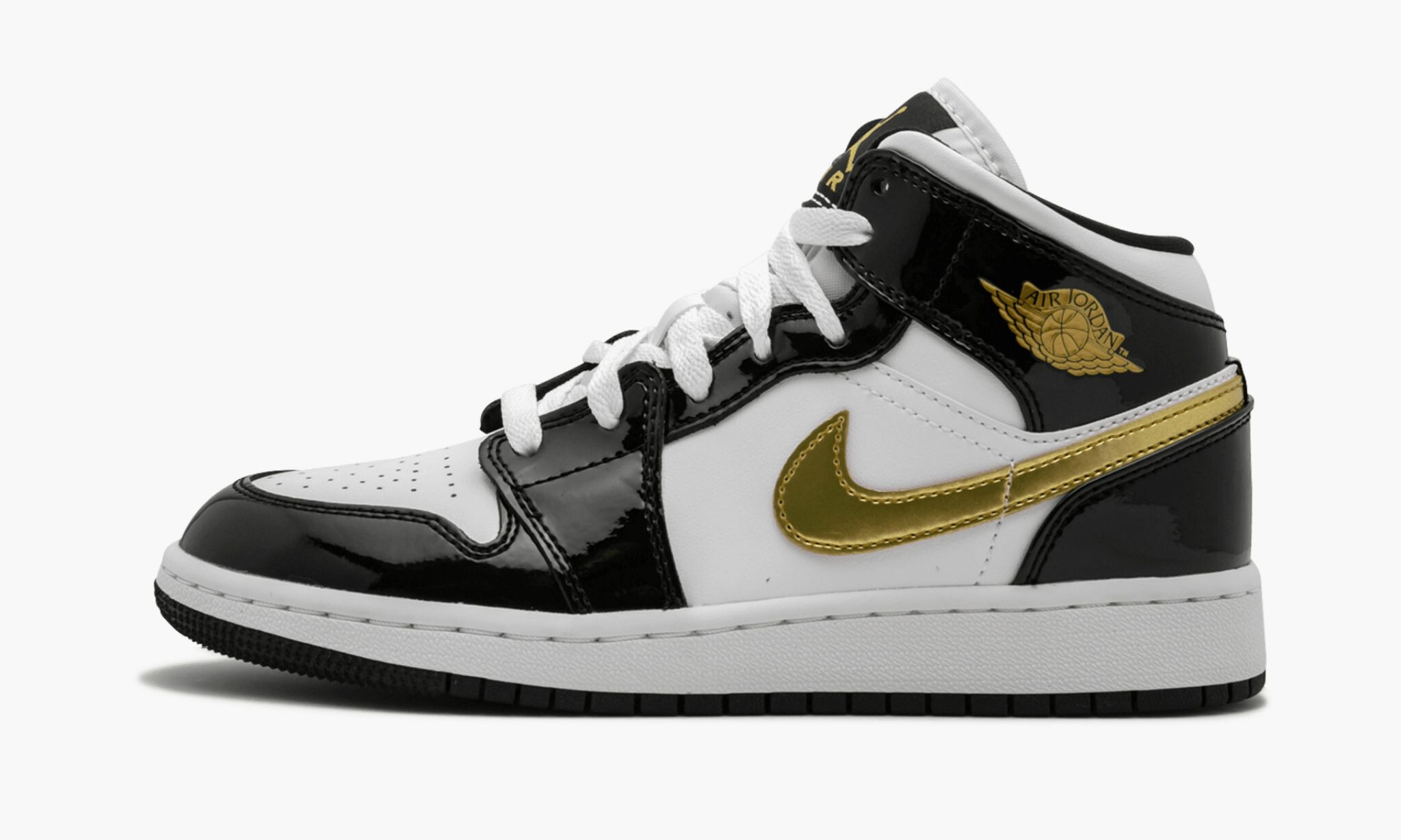 Air Jordan 1 Mid Se Gs Black Gold Patent Leather