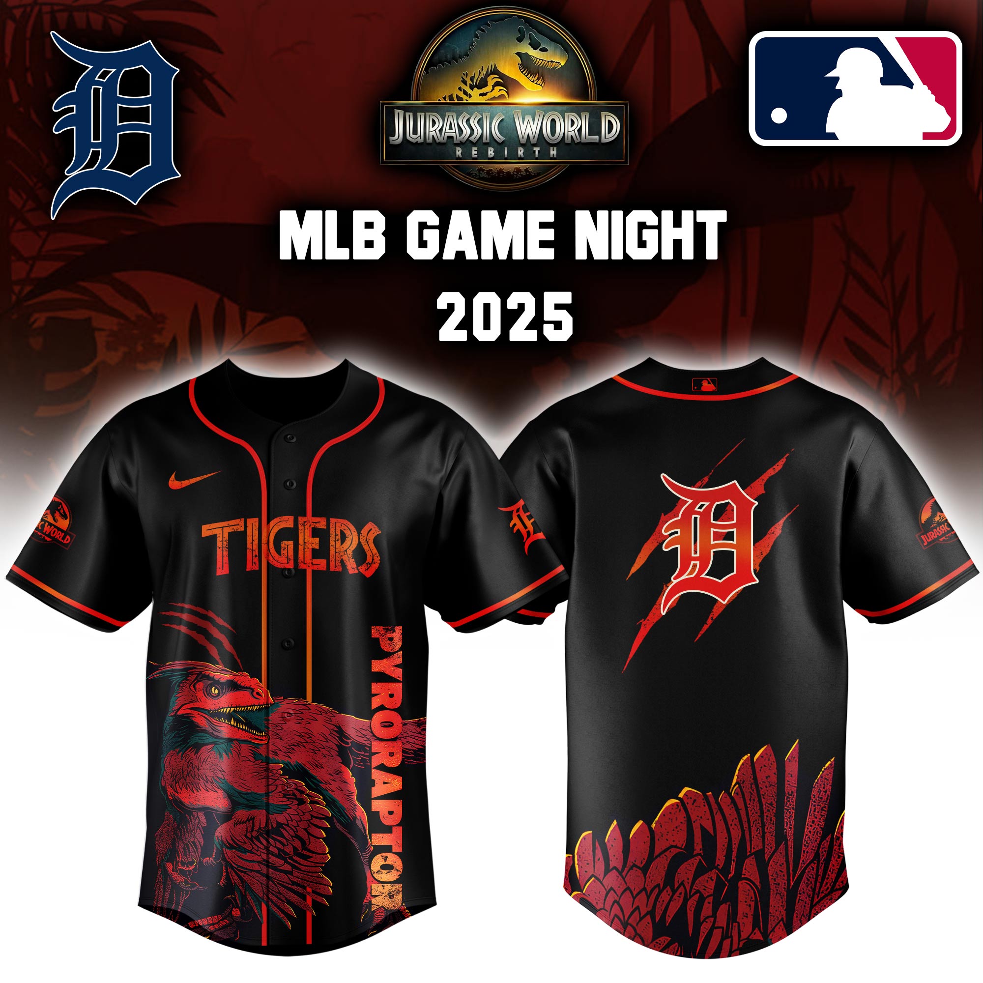 Detroit Tigers X Jurassic World Pyroraptor Baseball Jersey Colab 2025 Editons Limited V3 PT70187