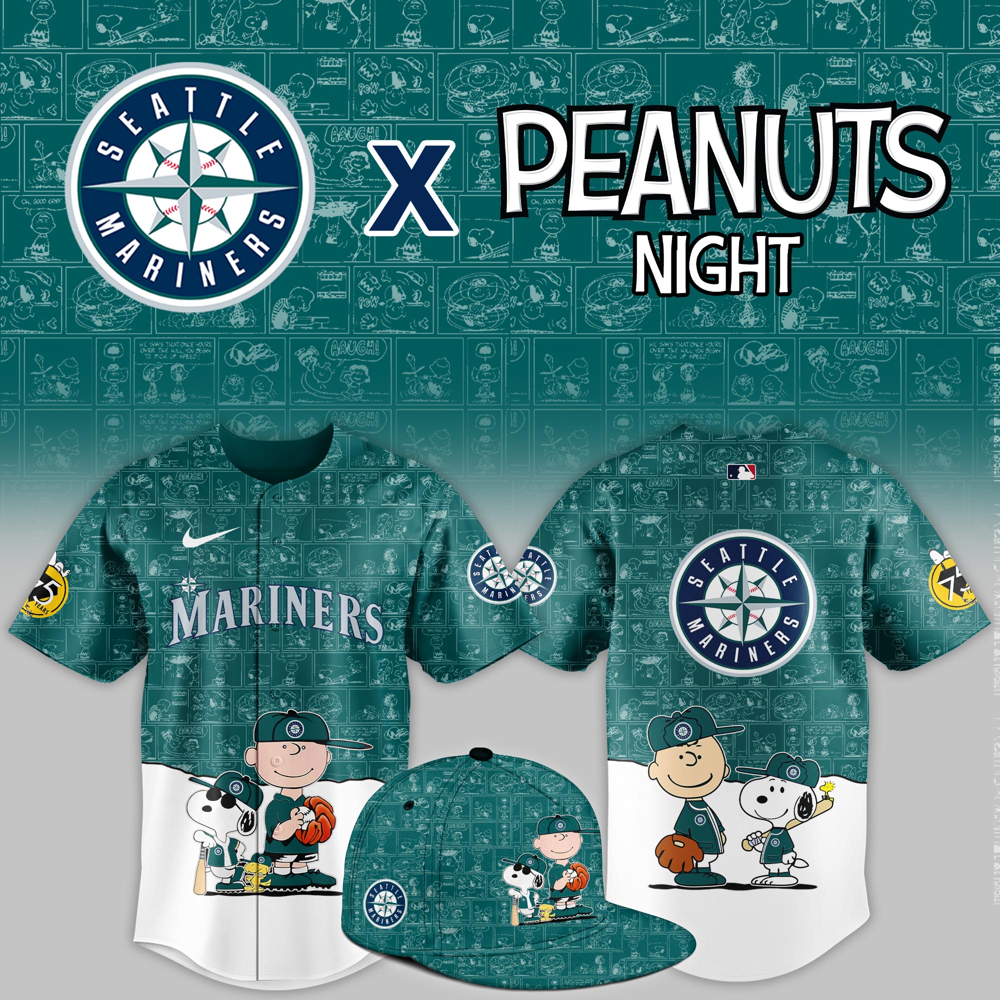 Seattle Mariners 2025 Peanuts Theme Night Limited Jersey PT68393